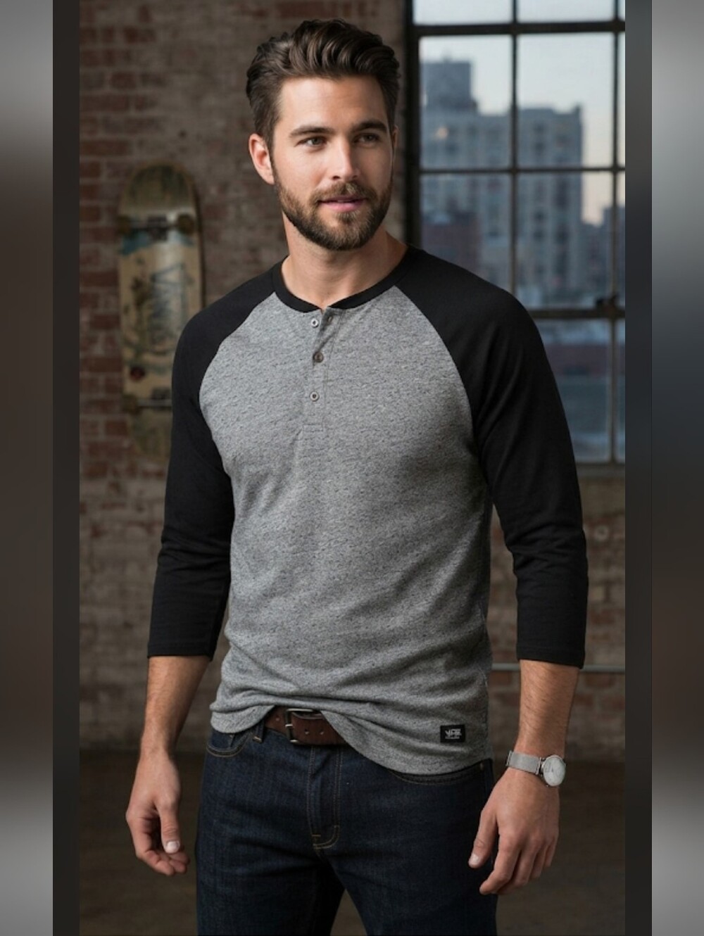Vans Off The Wall Baseball Henley Shirt Gray Body & Black Raglan Sleeves Large